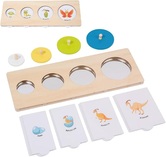 Wooden Circle Peg Puzzle with Mirror & 8 Life Cycles,First Baby Knob Puzzle | 32 Learning Cards for 8 Animal & Plant Life Cycles,Peekaboo Mirror Puzzle for Toddlers 1-3,Montessori Preschool Learning Toy