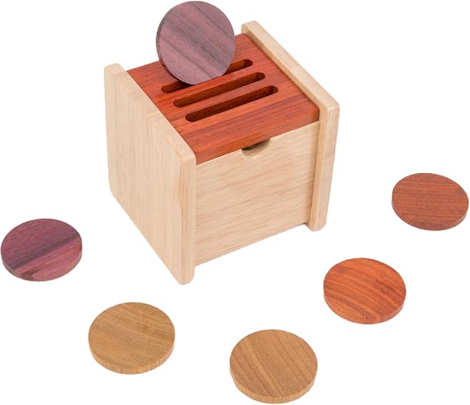 Adena Montessori Wooden Coin Box with Lid Object Permanence 6-12 Months | Solid wood smooth edges, flip lid, 6 coins, three tones. Builds grip, focus, fine motor, hand-eye. For 6-12 months. Gift.
