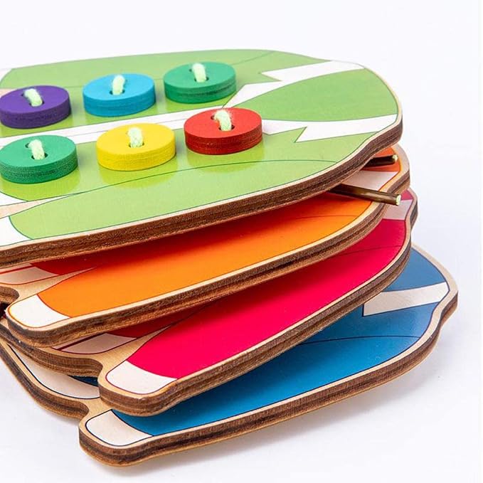 Sewing Button Threading Activity Toy for Kids, Wooden Lacing Craft Set with 24 Buttons, 4 Boards & 30 Cards, Fine Motor Skills Learning