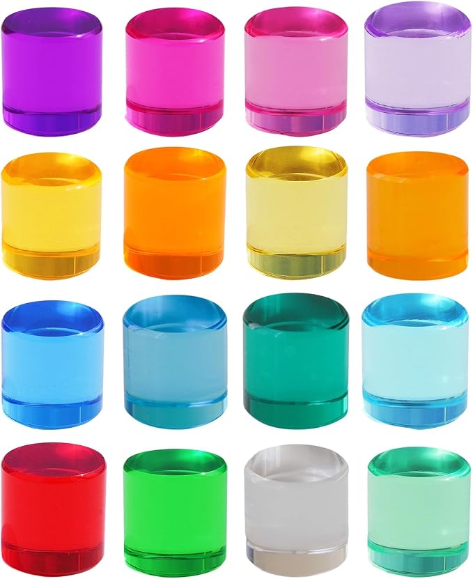 Rainbow Acrylic Blocks, 16 Stackable Cylinders for Kids Ages 3+ | 16 acrylic color blocks, 2 x 1 in, stackable, ages 3+, white paper box for gift wrap, preschool and light table use