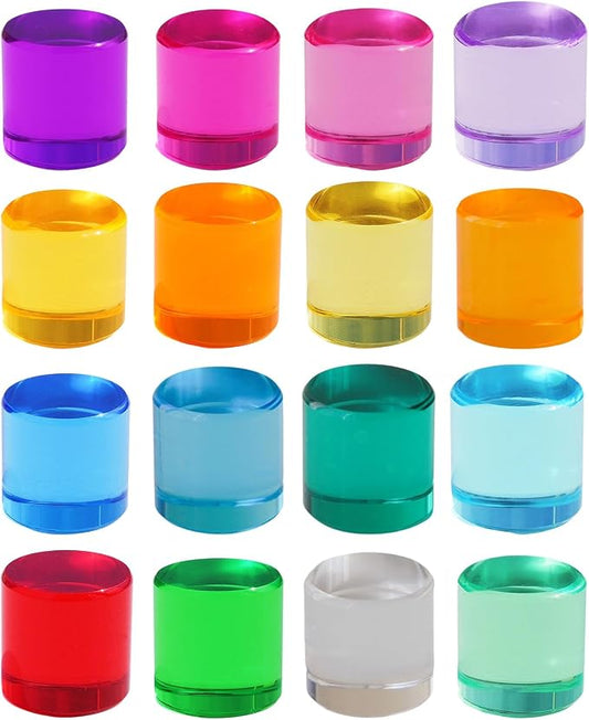 Rainbow Acrylic Blocks, 16 Stackable Cylinders for Kids Ages 3+ | 16 acrylic color blocks, 2 x 1 in, stackable, ages 3+, white paper box for gift wrap, preschool and light table use