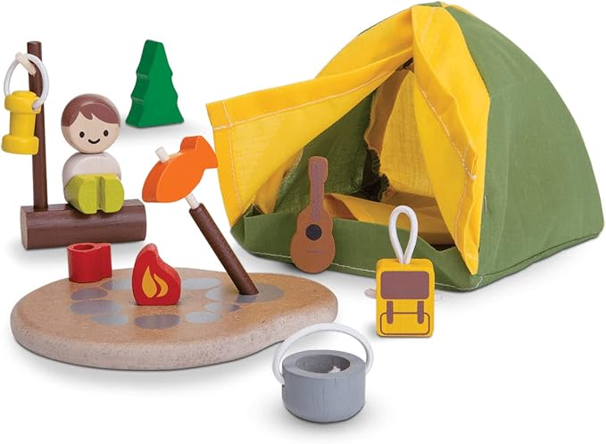 PlanToys Pretend Play Camping Set (6624) | Sustainably Made from Rubberwood and Non-Toxic Paints and Dyes | wooden camping play set, montessori imaginative role play, social skill development, open-ended adventure toys, kids toy