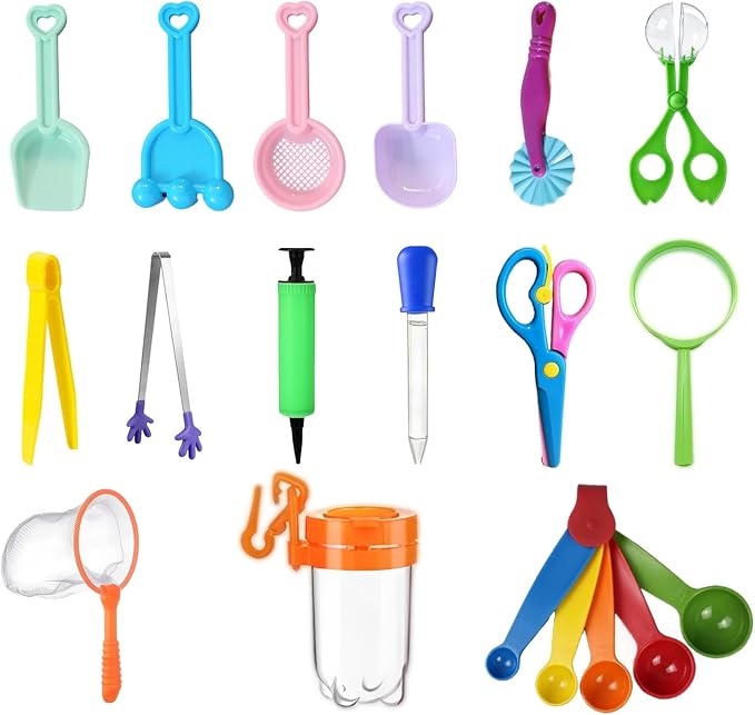 19 Pcs Sensory Bin Filler ，Sensory Bin Tools，Fine Motor Skills Handy Tools with Scoops, Tweezers, Beach Shovels, Air Pump, Scissors Clip, Magnifying Glass, Dropper, Mesh Scoop for Sensory Play
