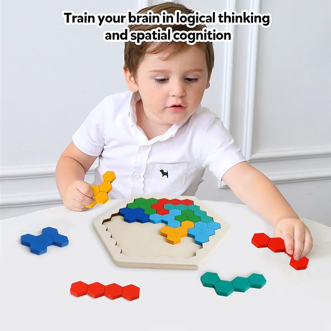 Wooden Hexagon Blocks Puzzle, STEM Montessori Brain Teaser for Kids Adults | Montessori Educational Toy, Geometric Shape Blocks, Logic IQ Game, Ideal Gift for Kids Teens Adults