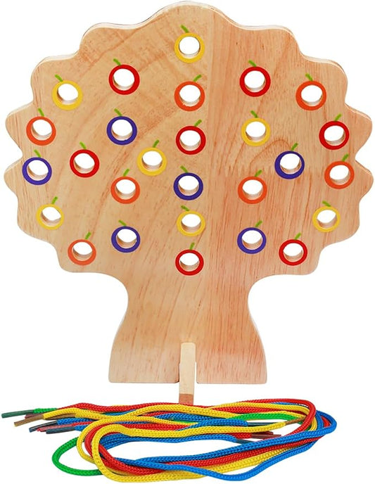 The Freckled Frog Threading Tree | Ages 18m+ | 8 Colorful Laces with Wooden Threading Tree | Montessori Toddler Lacing Toy