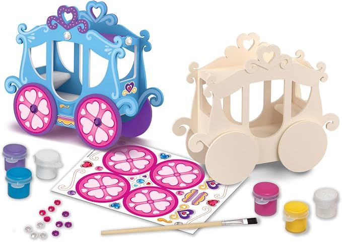 Princess Carriage Wood Paint Kit - Classic Craft Set for Kids - Includes Paint, Glitter, Gem Stones - Ages 4+ - Princess Crafts & Carriage Toy