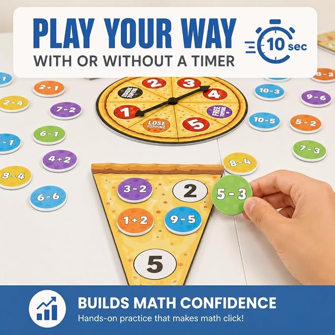 Addition & Subtraction Math Board Game Kindergarten Math Games for Kids 5-7 | Kindergarten & 1st Grade, STEM Board Game for 5+ Year old, Homeschool & Classroom Learning, Educational & Fun Pizza Game