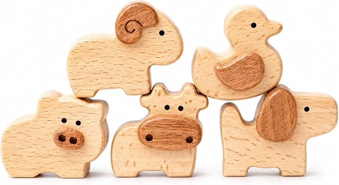 5-Piece Wooden Farm Animal Blocks for Toddlers 1-3 | Solid Beech & Sapele, Montessori Stacking Toys, 2cm Thick Choke-Safe, Birthday Gifts