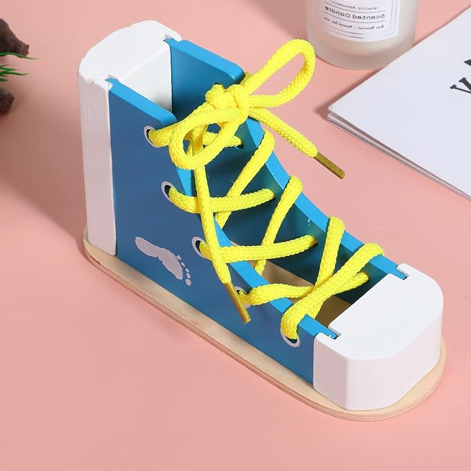 Learn to Tie Shoes for Kids Wooden Lacing Sneaker, Blue | Educational Toy, Safe & Reusable, Wooden Shoe Tying Practice Kit, Wood Lacing Sneaker Toy, for Tie-Up Shoe Practice