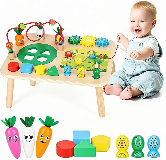 Activity Table, Montessori Toys for 1 2 Year Old Girls Boy Gifts, 7 in 1 Wooden Sensory Play Table for Toddler 1 2 3, Learning Toys for Baby 12-18 Months 1st Christmas Birthday Gifts