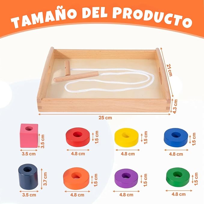 Adena Montessori Wooden Lacing Bead Set with Tray, 1-3y | 8 colorful geometric shapes with laces. Builds fine motor, pattern sequencing & hand-eye. Montessori. Gift 1-3y.
