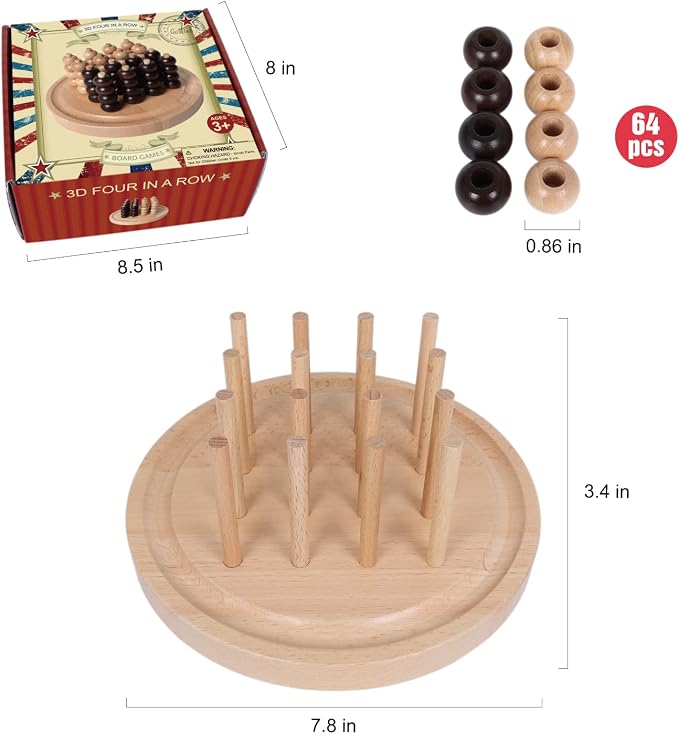 GOTHINK Portable 3D Wooden Four in a Row Board Games for Adults & Kids- 4 in a Row Game Set with Birch Chess for Family Night Games Birthday & Holiday Party Toy Gifts - Challenge Your Mind