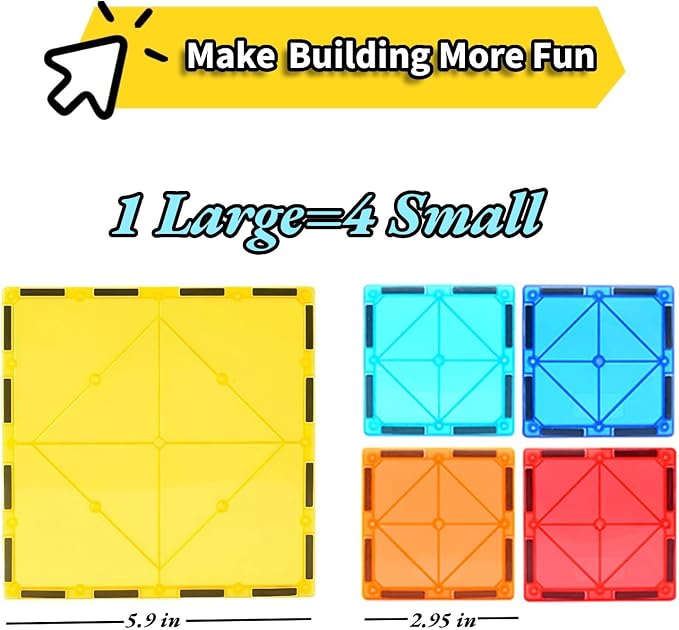 Large Magnetic Tiles Set 4 Piece Square Shape Building Blocks for STEM Learning & Fun Kit for Kids, Educational Playset for Boys & Girls 3+, Construction Toy Magnetic Tiles Square Only, Expansion Set