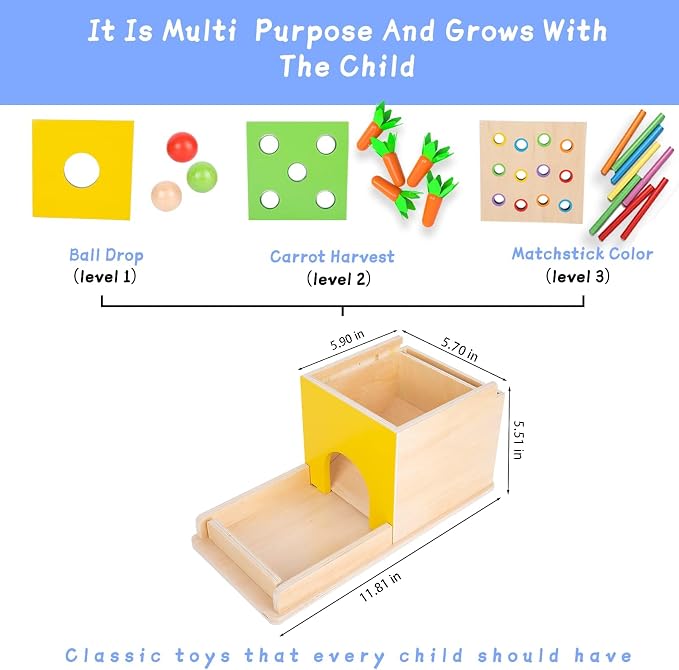 Adena Montessori 5 in 1 Wooden Play Kit for Babies 6-12 Months | Object permanence, drop, carrot, coin - builds motor skills and hand-eye, durable, colorful self-play.