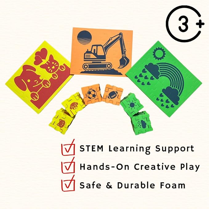 2D & 3D Foam Puzzle for Kids Ages 3+, Excavator Construction Travel Toy, Quiet Screen-Free Busy Bag for Airplanes & Road Trips, Montessori STEM Learning Activity – Orange