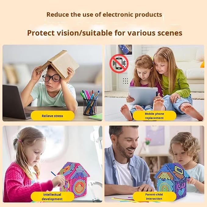 Premium 3D Autism Sensory Activity Board, Durable Silicone Fidget Toy, Puzzle House Block Set with 30 Strings, Press Loop Fill Pattern, Calming Stress Relief for Autistic Kids 3+ and Adults