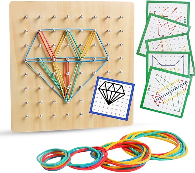 Wooden Geoboard, Montessori STEM Toy with Pattern Blocks for Kids Ages 3+ | Rubber Bands & Pattern Cards, Fine Motor Math Learning Geo Board, Classroom Home STEM Activity, Brain Teaser Educational Gift