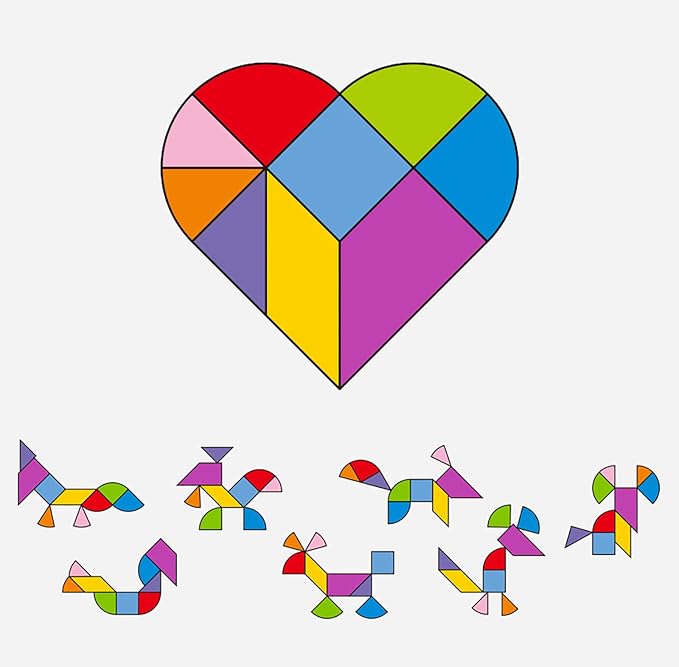 Wooden Blocks Puzzle Brain Teasers Toy 6 IN1Geometric Wooden Tangram Puzzle Game Geometry Jigsaw Logic IQ Games Fidget Toys STEM Montessori Educational Gift for Kids Adults
