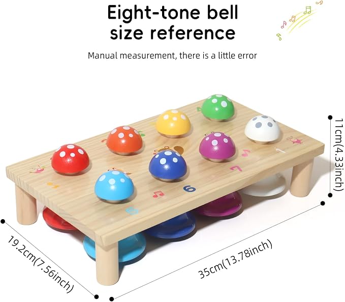 Wooden Mushroom Push Bell Toy, 8 Note Colorful Montessori Musical Toys for Toddlers, Sensory Development Hand Eye Coordination Learning Toy, Baby Musical Instrument Gift for 1 2 3 Year Old Boys Girls