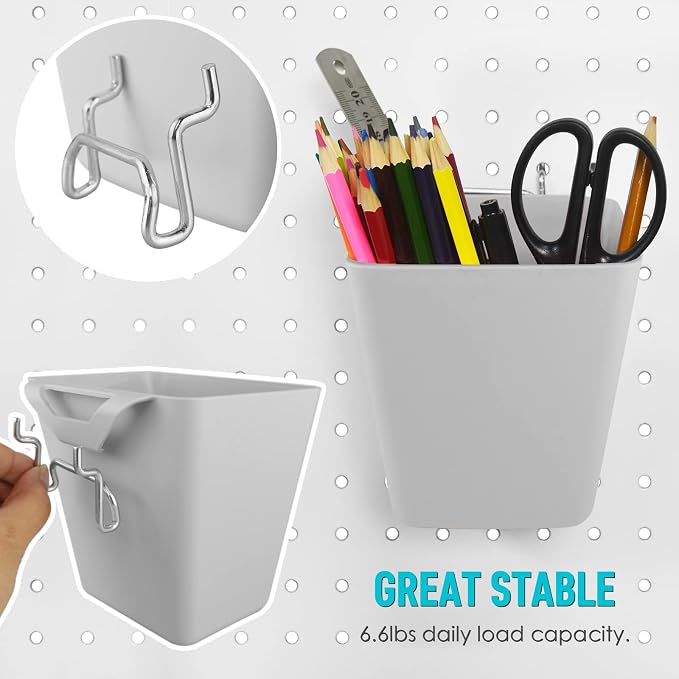 Large Pegboard Cups, 6Pack Peg Board Square Storage Bins With Hooks (Grey) | Big Open-Mouth Cups, 1/8" 1/4" Pegboard Organizer Accessories, Cup Holder for Craft Garage Workbench Office Tools Supplies