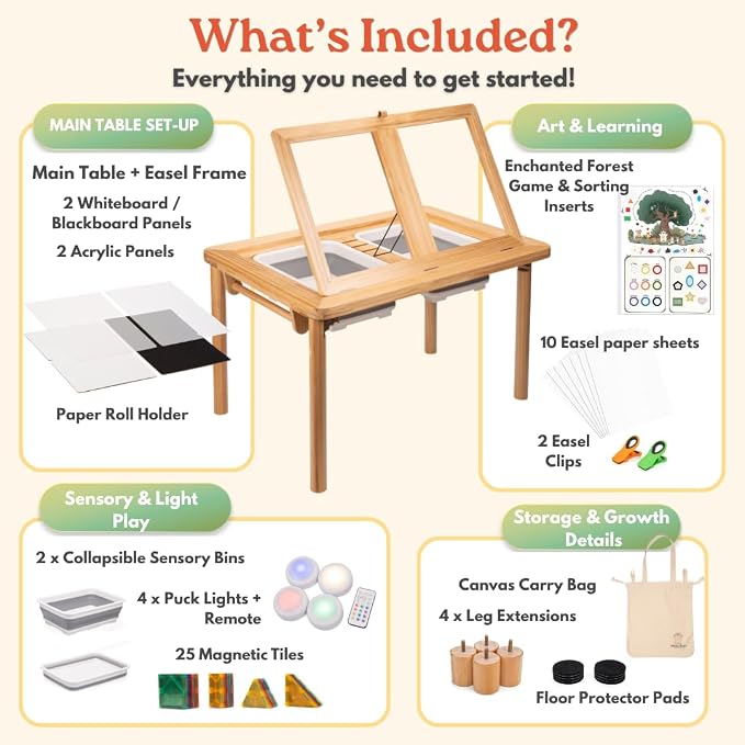 Montessori Sensory Table & Art Easel for Kids & Toddlers | Folding Extendable Legs & Storage Bins, Magnetic Boards & Tiles, Light Box Included | Space-Saving Indoor/Outdoor Play