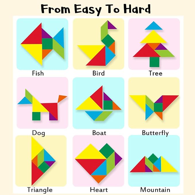 Beestech Wooden Tangram Puzzle Book, Travel Games for Kids in Car, Plane or Take Out for Restaurant, Educational Learning Puzzles Toys, On The Go Toys for Kids, Boys, Girls 3,4,5,6,7,8 Years Old