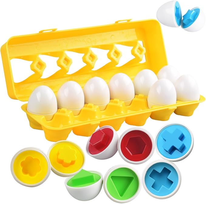 Matching Egg Toy 12 Pcs Develops Toddlers' Color & Shape Recognition Skills | Easter Basket Gift for Boys & Girls, Montessori Travel Toy for Kids 1-3, Fun Sorting Puzzle for Daily Early Education