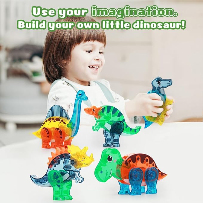 BENOKER Dinosaur Magnetic Tiles, Animals Magnet Building Blocks Toys Gift | 49P Dinosaur magnetic tiles to build vivid dino world scenes. Educational STEM playset, wonderful birthday gift for kids