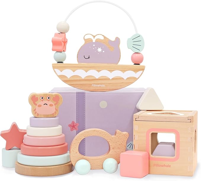Pillowhale Montessori Wooden Toys Set for Toddlers 12M+ 4-in-1 Educational Toy with Stacking Rings, Shape Sorter, Bead Maze & Baby Car