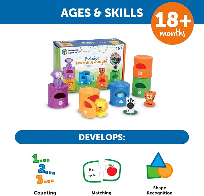 Learning Resources Peekaboo Learning Jungle Toddler - 10 Pieces, Ages 18 Months +, Toddler Montessori Toys, Stacking Shape, Sorting and Matching Skill, Educational Games