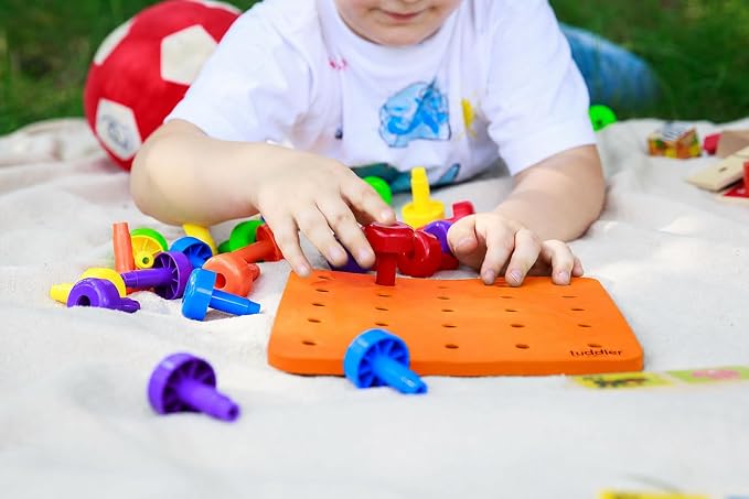 Toddler Peg Board Sensory Montessori Fine Motor Skills Educational Toys - 30 Stackable Pegs + Pattern Card + Drawstring Backpack + E-Book (Orange)