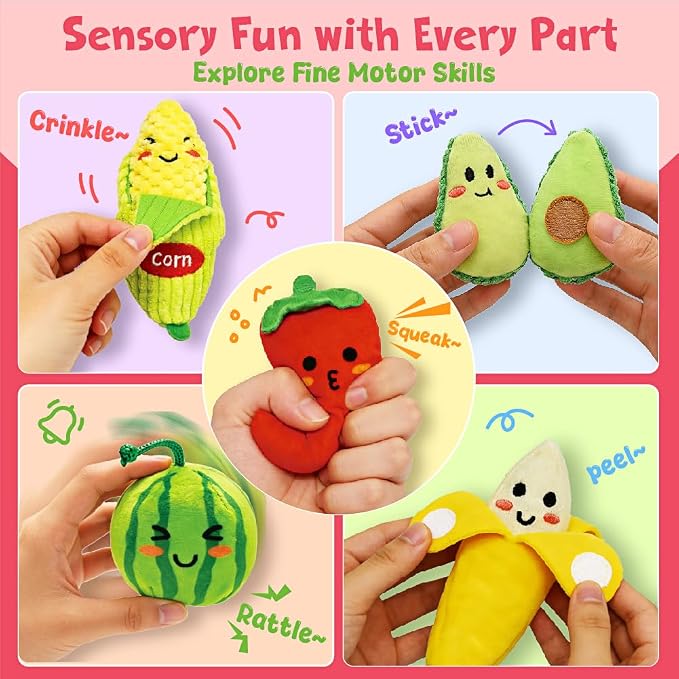 Play Food for Toddlers 1-3, Plush My First Fruit Vegetables Basket Color Sorting Rattle, Squeaker & Crinkle Play Food Set for Kitchen Baby Sensory Toys Easter Basket Stuffers Birthday Gifts 20PCS