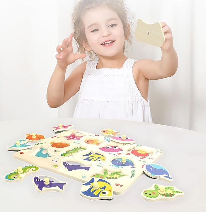 Wooden Peg Puzzle, Sea Creature Chunky Baby Puzzles, Colorful Wood Shape Puzzle Peg Board, Animal Knob Puzzles for Educational Toddlers 18 Months and Up, 11 Pieces
