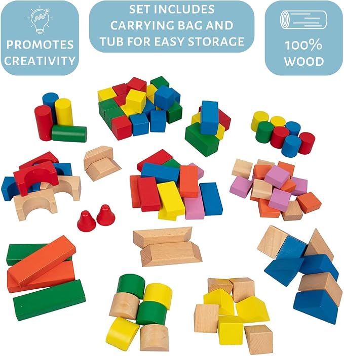 Right Track Toys Wooden Blocks - 100 Pc Wood Building Block Set with Carrying Bag (Rainbow Colored)- 100% Real Wood in 7 Colors and 14 Shapes - Stack, Build and Store- Fun Gift, Back to School Project
