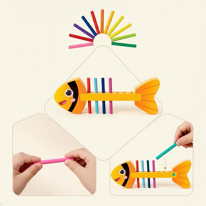 Montessori Fine Motor Skills Toys for Toddlers, Wooden Fishbone Color Matching & Sorting Toy with 20 Task Cards, Learning Educational Gifts for 3 4 5 6 Year Olds, Baby Sensory Training Toys