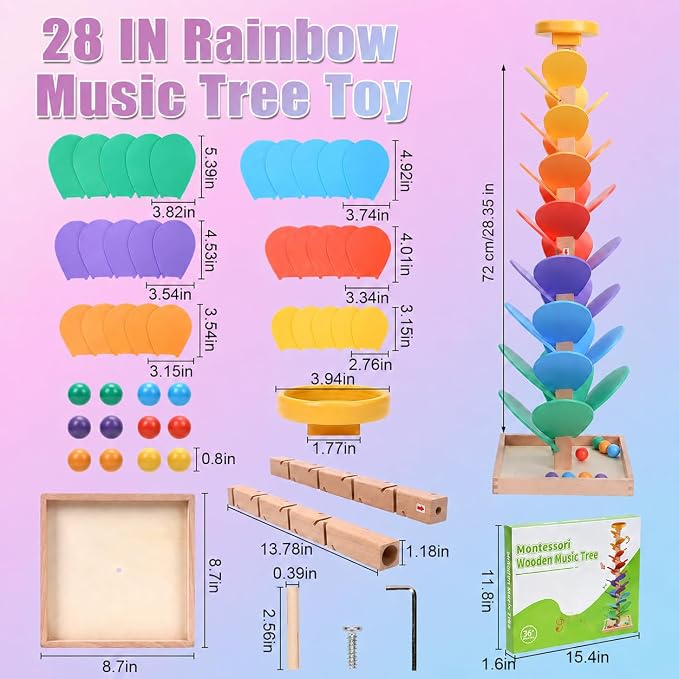 Wooden Marble Run Music Tree, Marble Run Montessori Toy for Kids Ages 3+ | Solid wood rainbow tree ball drop toy for cause effect play, color sorting, fine motor skills, sensory sound, screen free fun