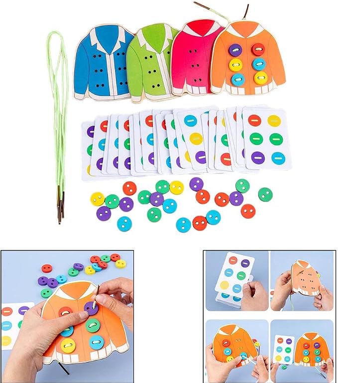 Menolana Kids Wooden Threading Lacing Clothes Sew on Button Game Toys for Age 3-6
