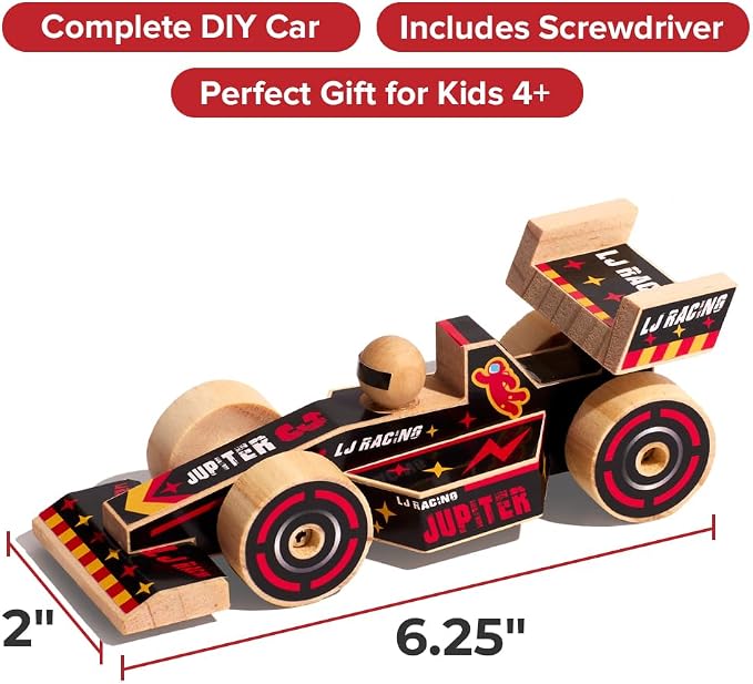 Little Jupiter DIY Wooden Kits w/Stickers - Kids Building- Stem Toys - Wood Crafts - Woodworking - Wood Project for Ages 4-7 Yrs (Open Wheel Car)