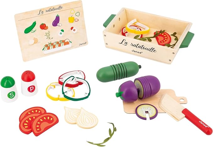 JANOD Ratatouille J06626 J06626 Set of 32 Kitchen Accessories with Recipe, Utensil and Imitation Vegetables, FSC Wooden Toy, Ages 3 and Above, Multi-Coloured