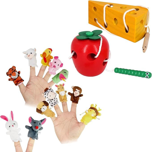 Early Development Toys Wooden Lacing Toys & 12-PCS Story Time Animals Finger Puppets for Toddlers - Soft Velvet Toddler Puppets Toys