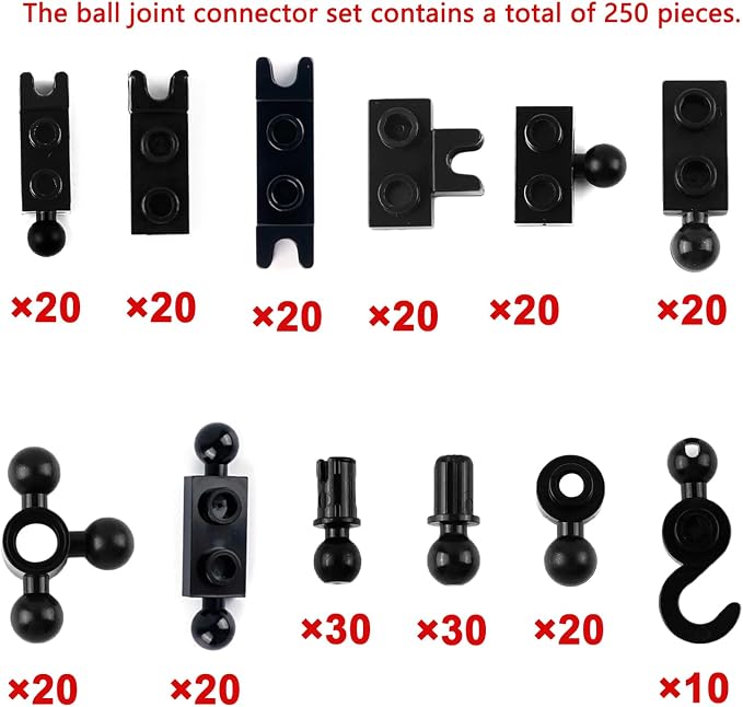 Ball Joints Socket Plate Connector - 250pcs Building Block Bulk Parts and Pieces, Pins Towball Bricks Accessories Sets Black