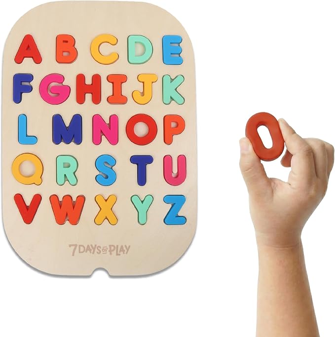 Uppercase Alphabet Puzzle for Kids, Sensory Bin Insert for Sensory Tables, Silicone Letters, Wooden Fine Motor Learning Toy by 7 Days of Play