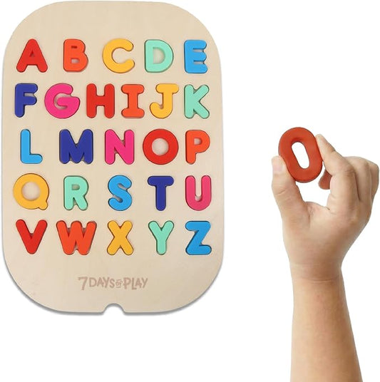 Uppercase Alphabet Puzzle for Kids, Sensory Bin Insert for Sensory Tables, Silicone Letters, Wooden Fine Motor Learning Toy by 7 Days of Play