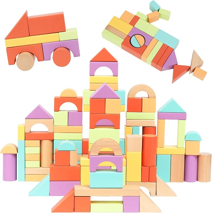 Nene Toys 100-Piece Wooden Building Blocks for Toddlers 1-3 - Bright Colorful Montessori Stacking & Sorting Toy - 11 Shapes, Vibrant Colors - FSC-Certified Wood Gift for Boys & Girls 1-4