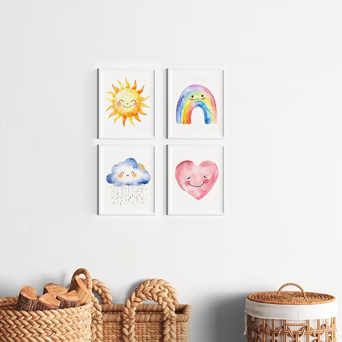 Girls Rainbow Canvas Wall Art Watercolor Sun Clouds Heart poster 8X10Inch | Bohemian Kids Sunshine Art Print for Classroom Kids Room Baby Room Bedroom Dorm Set of 4 Unframed