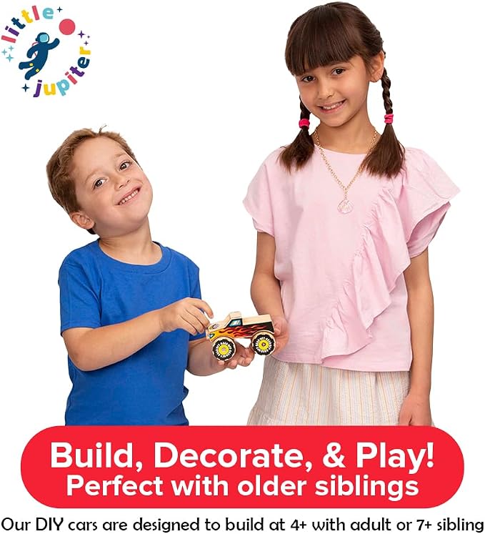 Little Jupiter DIY Wooden Kits w/Stickers - Kids Building Kit - Stem Toys for Ages 4-7 - Wood Crafts for Kids - Woodworking Kits (Monster Truck 1)