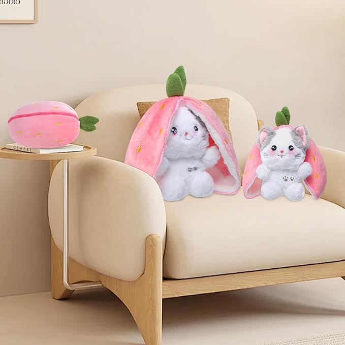 MIAODAM Reversible Strawberry Cat Plush, Kawaii Squishy Stuffed Animal Toy | Cute Strawberry Turn Into Cat Plush, Funny Plushies Toy for Kid & Adult (Strawberry Cat, 11.8inch)