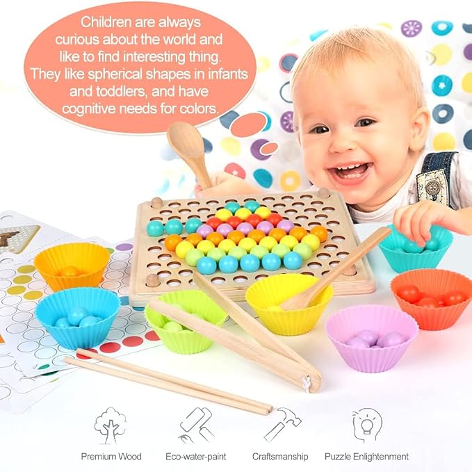 Montessori Toys for 3+ Year Olds – Wooden Preschool Learning Activity Board with 112 Beads, Fine Motor Skills Game for Toddlers, Color Sorting & Counting Math Toy, Educational Gift for Boys & Girls