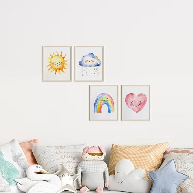 Girls Rainbow Canvas Wall Art Watercolor Sun Clouds Heart poster 8X10Inch | Bohemian Kids Sunshine Art Print for Classroom Kids Room Baby Room Bedroom Dorm Set of 4 Unframed