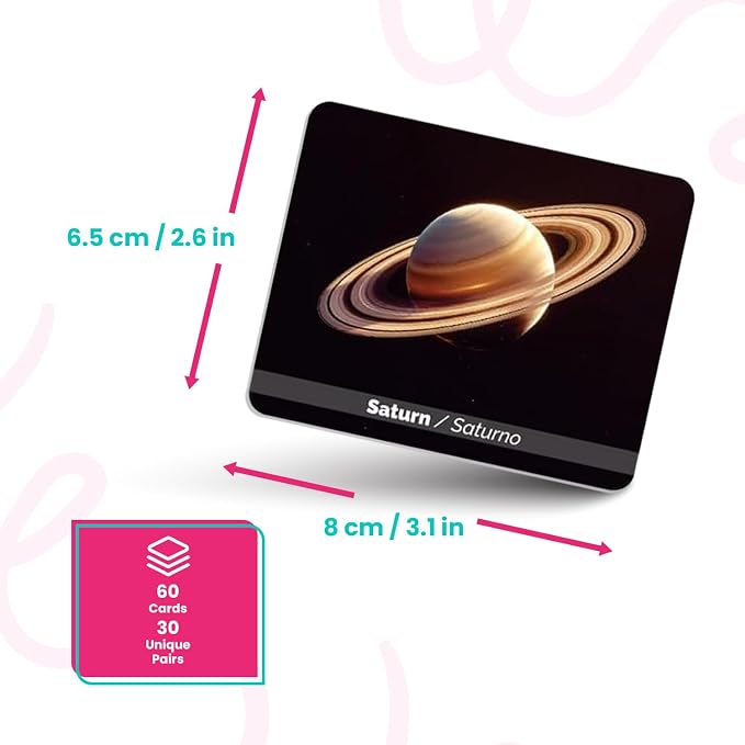 Menique Universe Memory Matching Game – 60 Cards (30 Pairs) – Bilingual Space Game with Planets, Stars & More – Educational for Kids and Adults